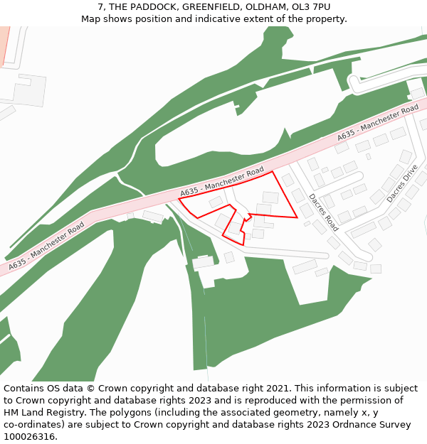 7, THE PADDOCK, GREENFIELD, OLDHAM, OL3 7PU: Location map and indicative extent of plot