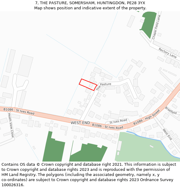 7, THE PASTURE, SOMERSHAM, HUNTINGDON, PE28 3YX: Location map and indicative extent of plot