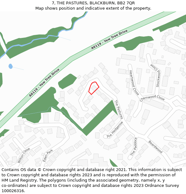 7, THE PASTURES, BLACKBURN, BB2 7QR: Location map and indicative extent of plot