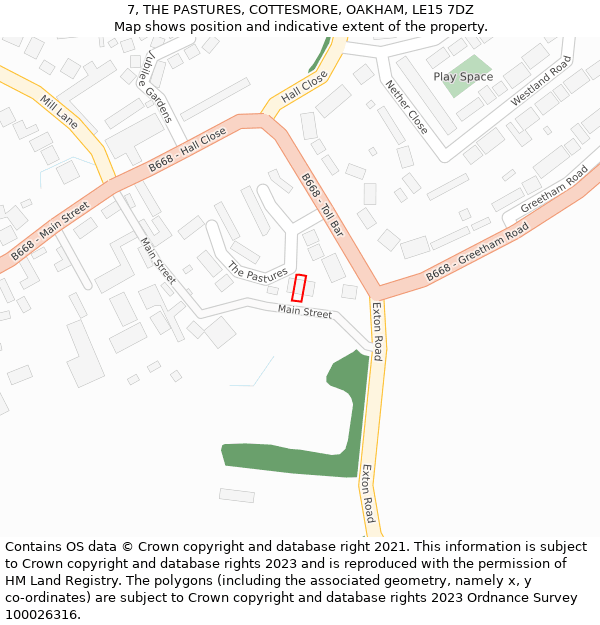 7, THE PASTURES, COTTESMORE, OAKHAM, LE15 7DZ: Location map and indicative extent of plot