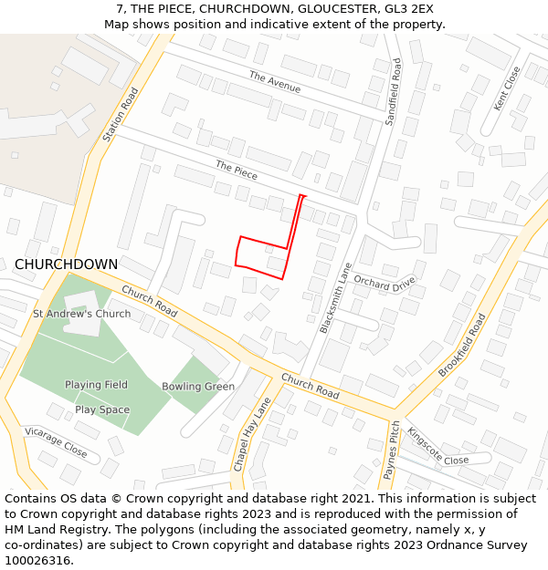 7, THE PIECE, CHURCHDOWN, GLOUCESTER, GL3 2EX: Location map and indicative extent of plot