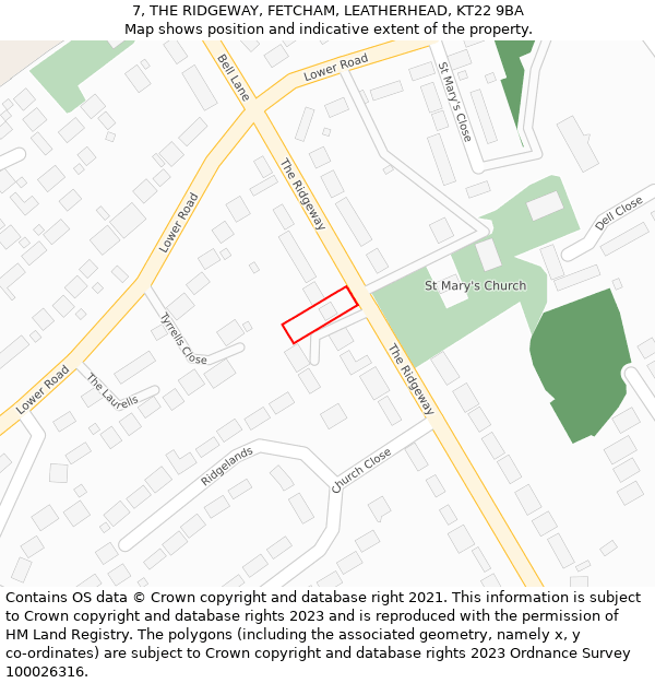 7, THE RIDGEWAY, FETCHAM, LEATHERHEAD, KT22 9BA: Location map and indicative extent of plot