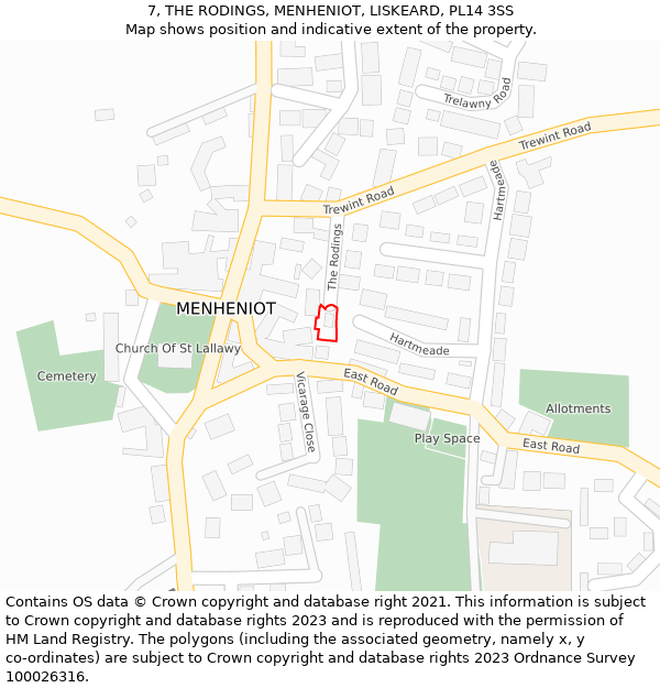 7, THE RODINGS, MENHENIOT, LISKEARD, PL14 3SS: Location map and indicative extent of plot