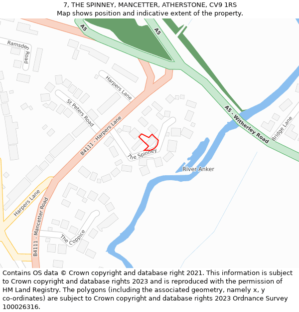 7, THE SPINNEY, MANCETTER, ATHERSTONE, CV9 1RS: Location map and indicative extent of plot