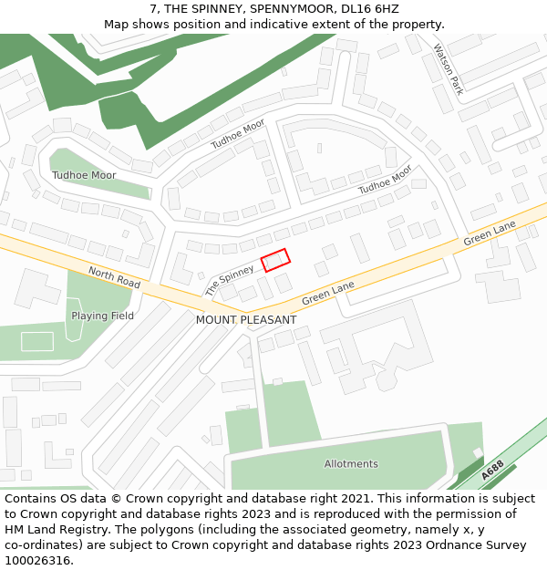 7, THE SPINNEY, SPENNYMOOR, DL16 6HZ: Location map and indicative extent of plot