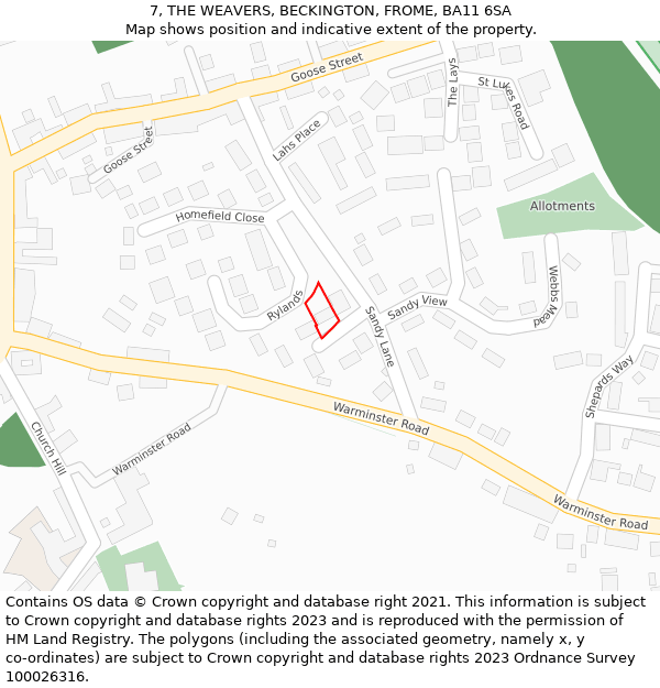 7, THE WEAVERS, BECKINGTON, FROME, BA11 6SA: Location map and indicative extent of plot