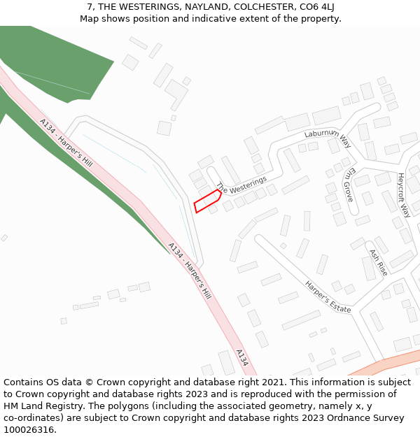 7, THE WESTERINGS, NAYLAND, COLCHESTER, CO6 4LJ: Location map and indicative extent of plot