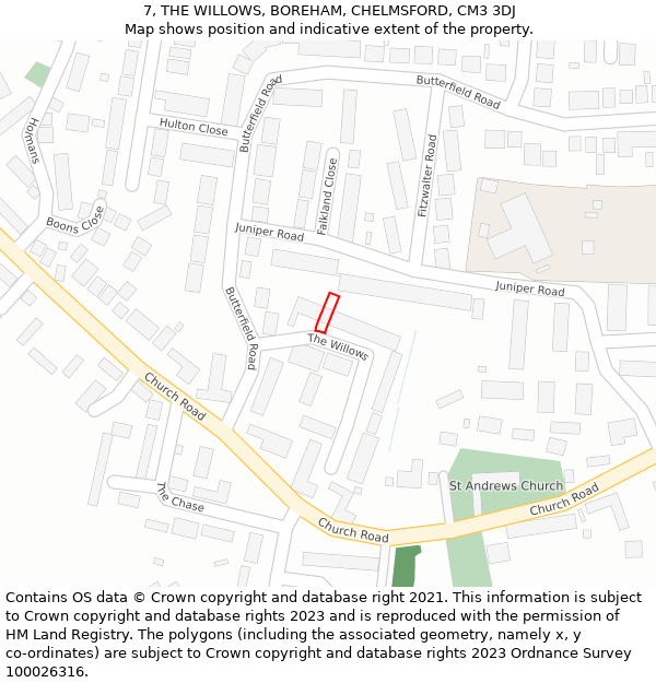 7, THE WILLOWS, BOREHAM, CHELMSFORD, CM3 3DJ: Location map and indicative extent of plot