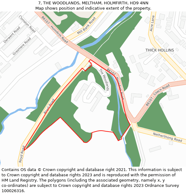 7, THE WOODLANDS, MELTHAM, HOLMFIRTH, HD9 4NN: Location map and indicative extent of plot