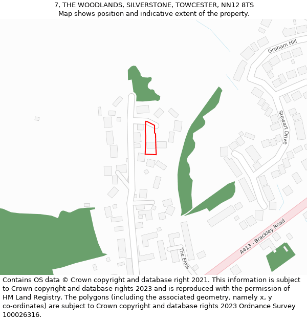 7, THE WOODLANDS, SILVERSTONE, TOWCESTER, NN12 8TS: Location map and indicative extent of plot