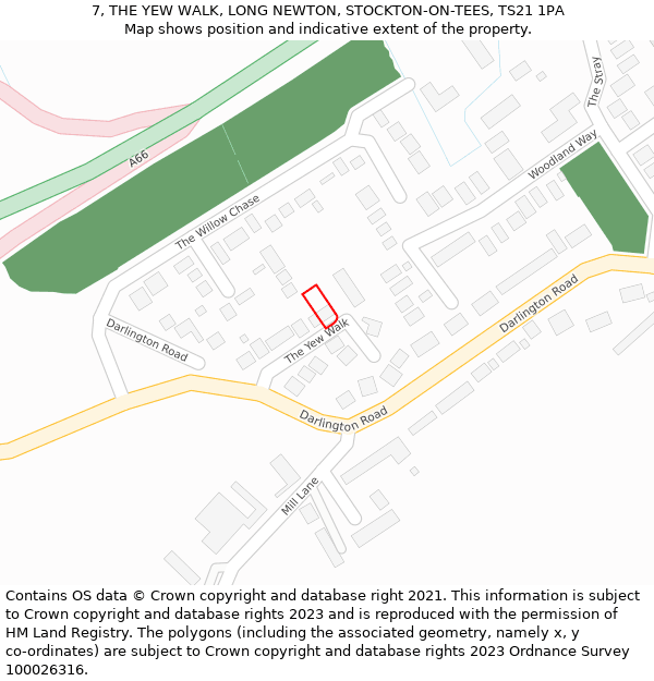 7, THE YEW WALK, LONG NEWTON, STOCKTON-ON-TEES, TS21 1PA: Location map and indicative extent of plot