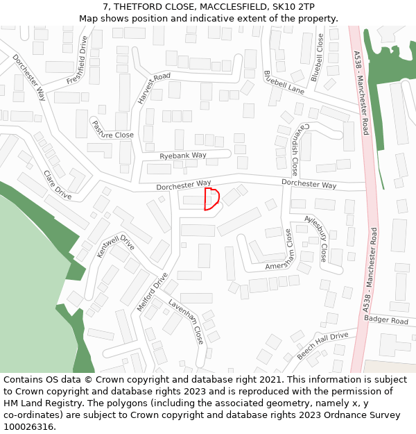 7, THETFORD CLOSE, MACCLESFIELD, SK10 2TP: Location map and indicative extent of plot