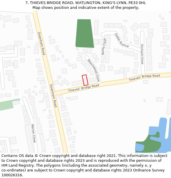 7, THIEVES BRIDGE ROAD, WATLINGTON, KING'S LYNN, PE33 0HL: Location map and indicative extent of plot