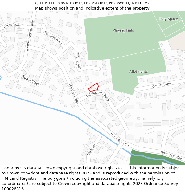7, THISTLEDOWN ROAD, HORSFORD, NORWICH, NR10 3ST: Location map and indicative extent of plot