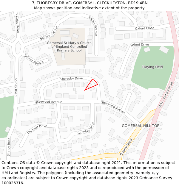 7, THORESBY DRIVE, GOMERSAL, CLECKHEATON, BD19 4RN: Location map and indicative extent of plot