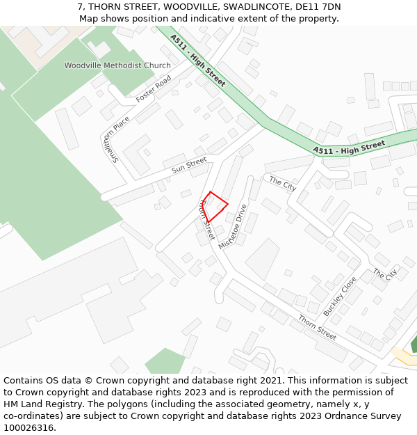 7, THORN STREET, WOODVILLE, SWADLINCOTE, DE11 7DN: Location map and indicative extent of plot