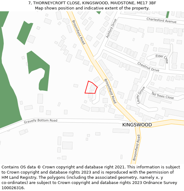 7, THORNEYCROFT CLOSE, KINGSWOOD, MAIDSTONE, ME17 3BF: Location map and indicative extent of plot