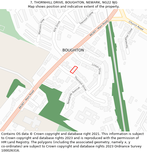 7, THORNHILL DRIVE, BOUGHTON, NEWARK, NG22 9JG: Location map and indicative extent of plot