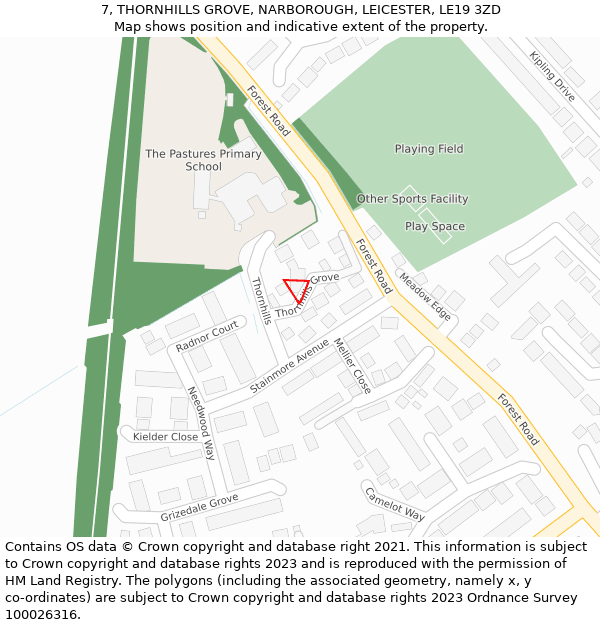 7, THORNHILLS GROVE, NARBOROUGH, LEICESTER, LE19 3ZD: Location map and indicative extent of plot