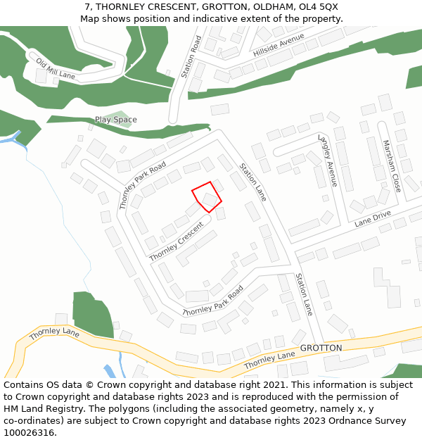 7, THORNLEY CRESCENT, GROTTON, OLDHAM, OL4 5QX: Location map and indicative extent of plot