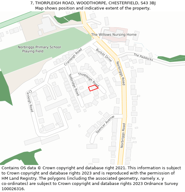 7, THORPLEIGH ROAD, WOODTHORPE, CHESTERFIELD, S43 3BJ: Location map and indicative extent of plot