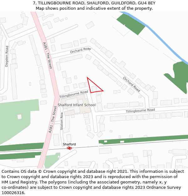 7, TILLINGBOURNE ROAD, SHALFORD, GUILDFORD, GU4 8EY: Location map and indicative extent of plot