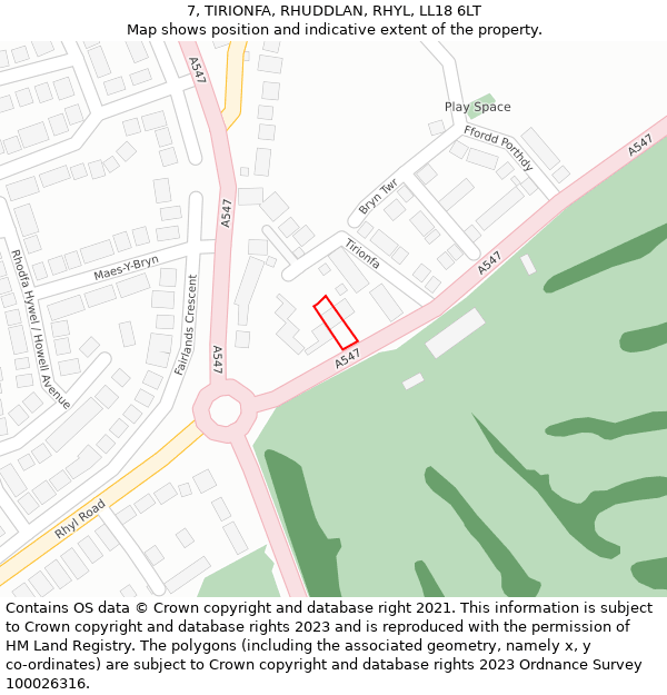 7, TIRIONFA, RHUDDLAN, RHYL, LL18 6LT: Location map and indicative extent of plot