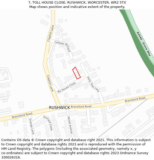 7, TOLL HOUSE CLOSE, RUSHWICK, WORCESTER, WR2 5TX: Location map and indicative extent of plot