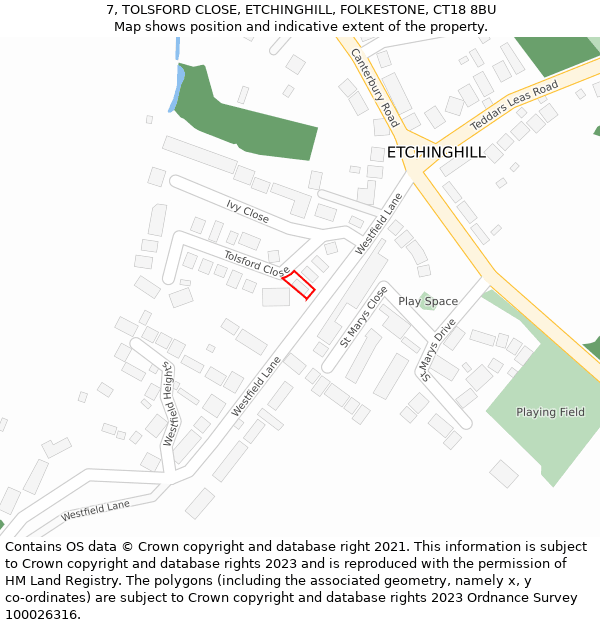 7, TOLSFORD CLOSE, ETCHINGHILL, FOLKESTONE, CT18 8BU: Location map and indicative extent of plot