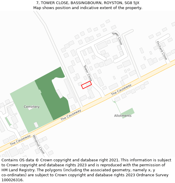 7, TOWER CLOSE, BASSINGBOURN, ROYSTON, SG8 5JX: Location map and indicative extent of plot