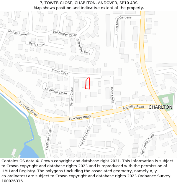 7, TOWER CLOSE, CHARLTON, ANDOVER, SP10 4RS: Location map and indicative extent of plot