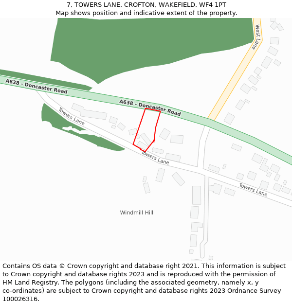 7, TOWERS LANE, CROFTON, WAKEFIELD, WF4 1PT: Location map and indicative extent of plot