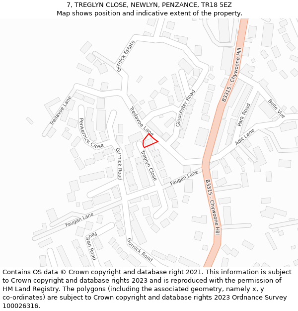 7, TREGLYN CLOSE, NEWLYN, PENZANCE, TR18 5EZ: Location map and indicative extent of plot