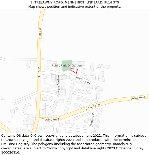 7, TRELAWNY ROAD, MENHENIOT, LISKEARD, PL14 3TS: Location map and indicative extent of plot