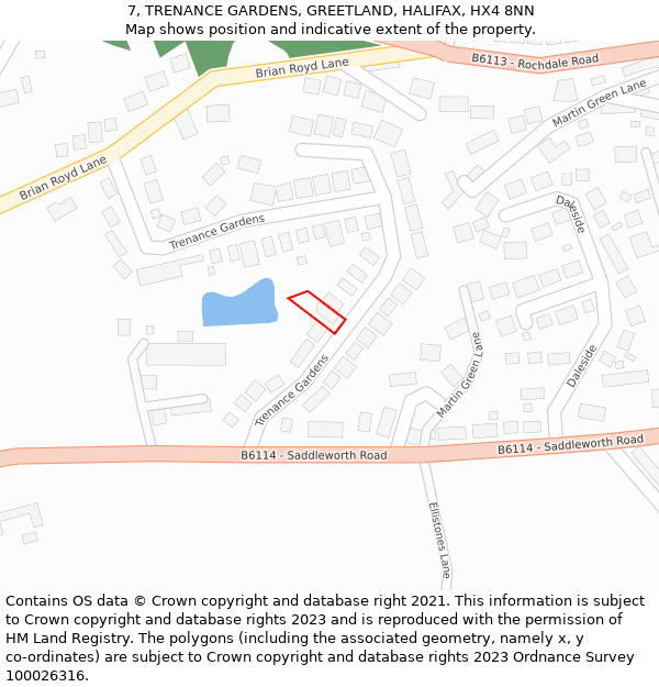 7, TRENANCE GARDENS, GREETLAND, HALIFAX, HX4 8NN: Location map and indicative extent of plot