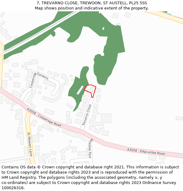 7, TREVARNO CLOSE, TREWOON, ST AUSTELL, PL25 5SS: Location map and indicative extent of plot