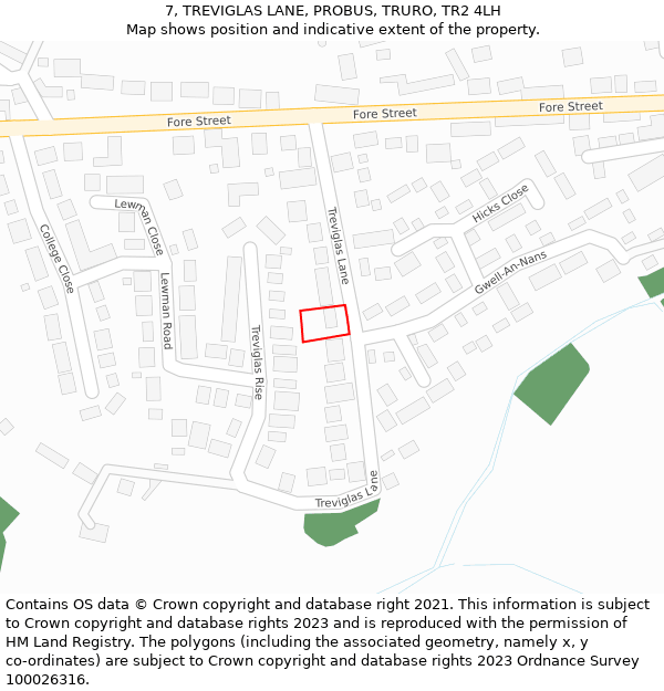 7, TREVIGLAS LANE, PROBUS, TRURO, TR2 4LH: Location map and indicative extent of plot