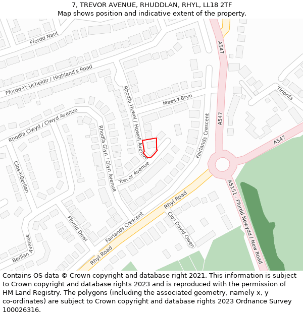 7, TREVOR AVENUE, RHUDDLAN, RHYL, LL18 2TF: Location map and indicative extent of plot