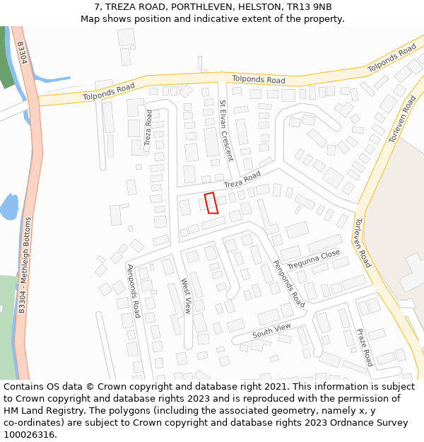 7, TREZA ROAD, PORTHLEVEN, HELSTON, TR13 9NB: Location map and indicative extent of plot