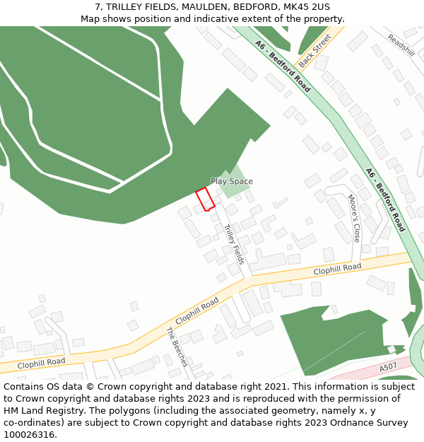 7, TRILLEY FIELDS, MAULDEN, BEDFORD, MK45 2US: Location map and indicative extent of plot