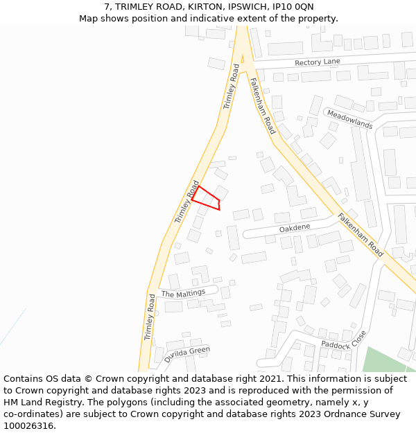7, TRIMLEY ROAD, KIRTON, IPSWICH, IP10 0QN: Location map and indicative extent of plot