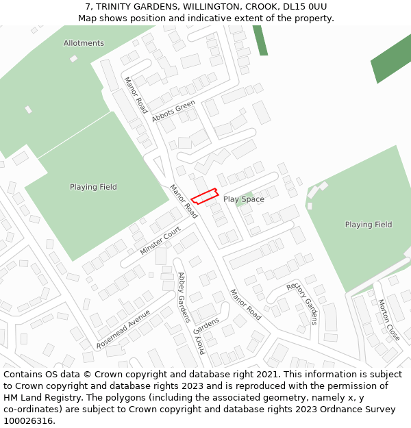 7, TRINITY GARDENS, WILLINGTON, CROOK, DL15 0UU: Location map and indicative extent of plot