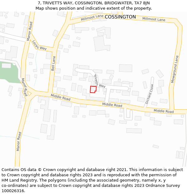 7, TRIVETTS WAY, COSSINGTON, BRIDGWATER, TA7 8JN: Location map and indicative extent of plot