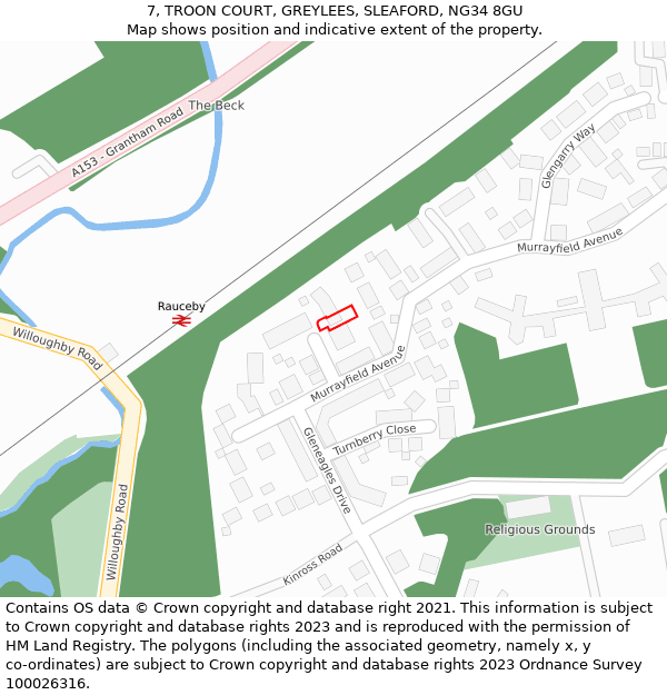 7, TROON COURT, GREYLEES, SLEAFORD, NG34 8GU: Location map and indicative extent of plot