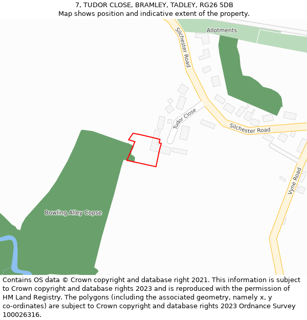 7, TUDOR CLOSE, BRAMLEY, TADLEY, RG26 5DB: Location map and indicative extent of plot