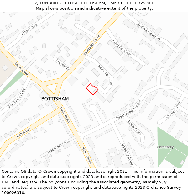 7, TUNBRIDGE CLOSE, BOTTISHAM, CAMBRIDGE, CB25 9EB: Location map and indicative extent of plot