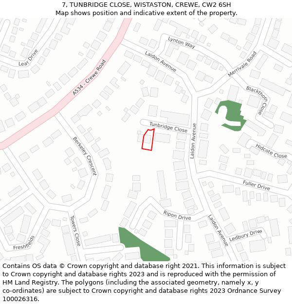 7, TUNBRIDGE CLOSE, WISTASTON, CREWE, CW2 6SH: Location map and indicative extent of plot