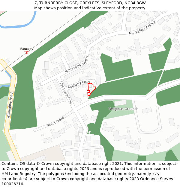 7, TURNBERRY CLOSE, GREYLEES, SLEAFORD, NG34 8GW: Location map and indicative extent of plot