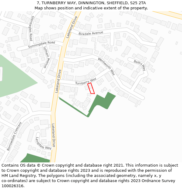 7, TURNBERRY WAY, DINNINGTON, SHEFFIELD, S25 2TA: Location map and indicative extent of plot