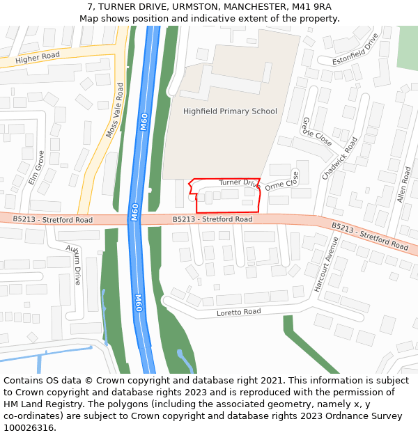 7, TURNER DRIVE, URMSTON, MANCHESTER, M41 9RA: Location map and indicative extent of plot